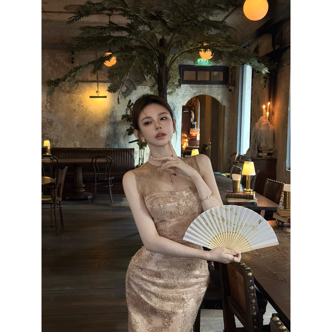 粉红pink【嫣语梦露】刺绣蕾丝钉珠亮片无袖上衣+半裙LWJ25A1TZ196