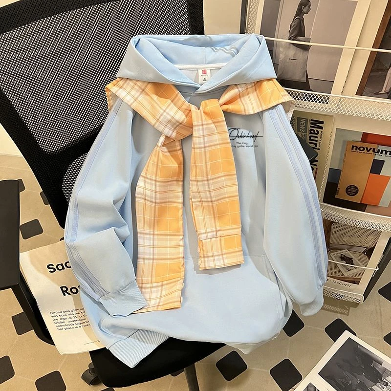 美式学院风格子披肩连帽卫衣男女秋冬新款慵懒风情侣宽松百搭上衣