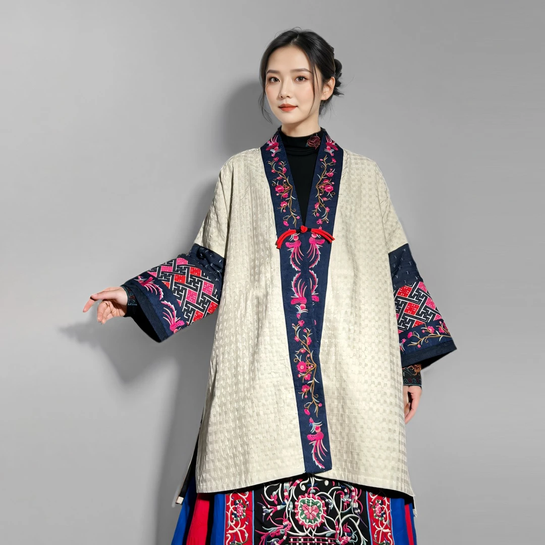 原创国风民族风重工撞色刺绣气质V领对襟中长款宽松大气外套女