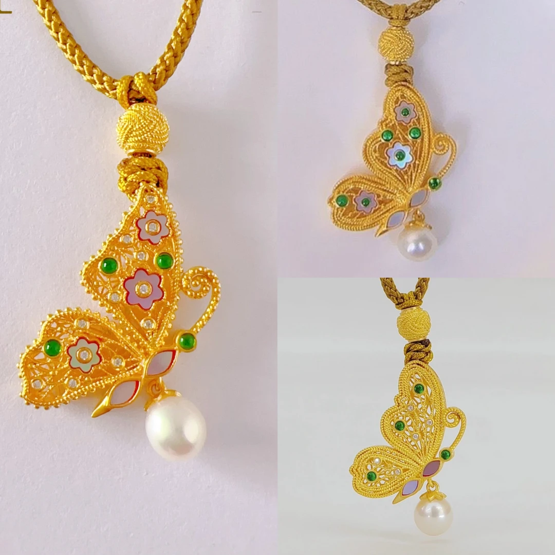 新款推荐【赛菲尔精品】足金古法螺钿斜飞蝴蝶黄金吊坠温柔