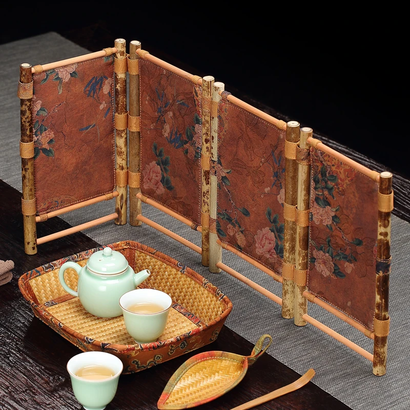 香云纱竹编小屏风围屏折叠茶桌隔断桌上桌面摆件国风茶室中式台屏