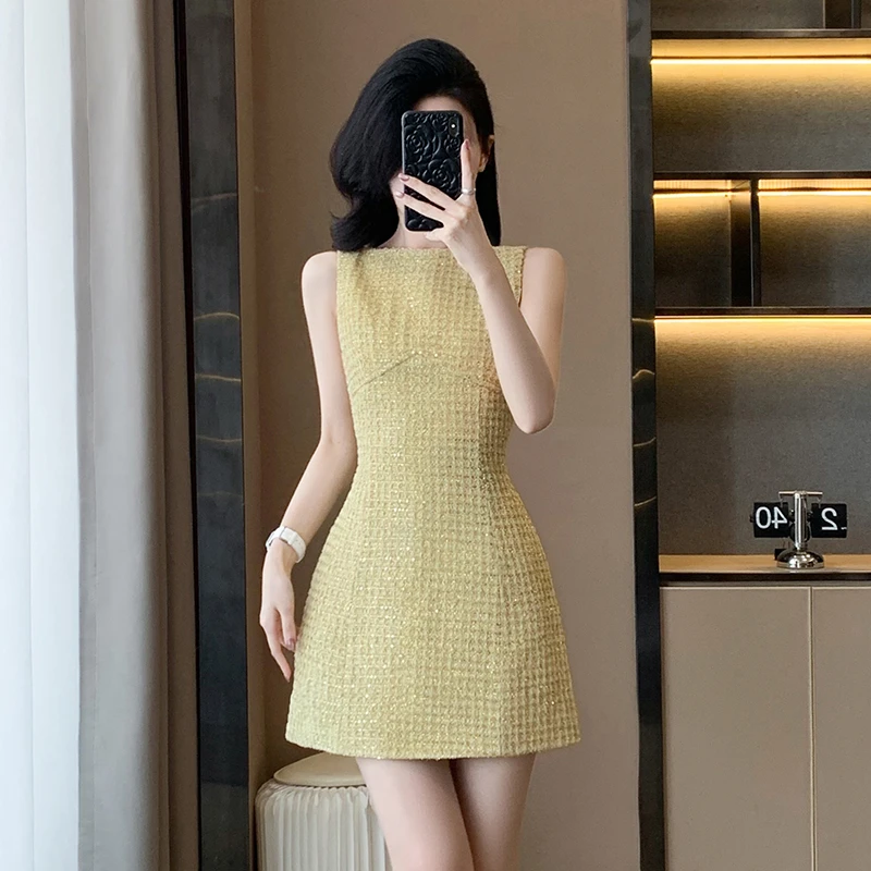 小香风无袖连衣裙女夏季新款法式气质名媛收腰显瘦a字短裙背心裙