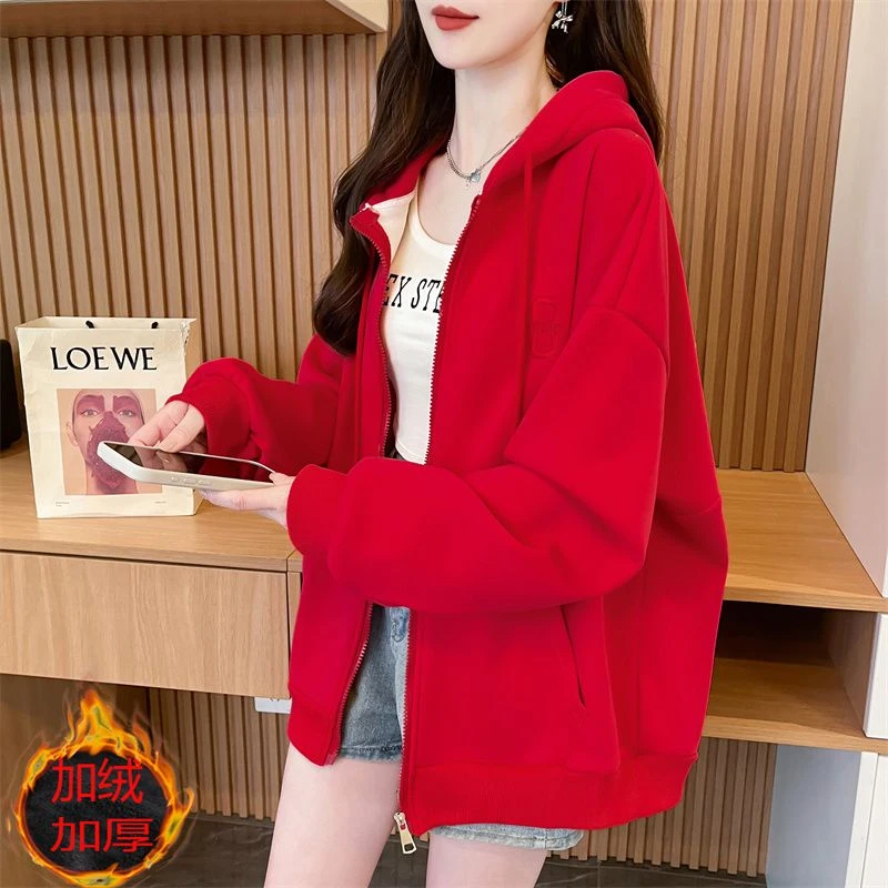 秋冬大码加绒连帽刺绣拉链卫衣女休闲宽松ins潮胖mm遮肉显瘦上衣