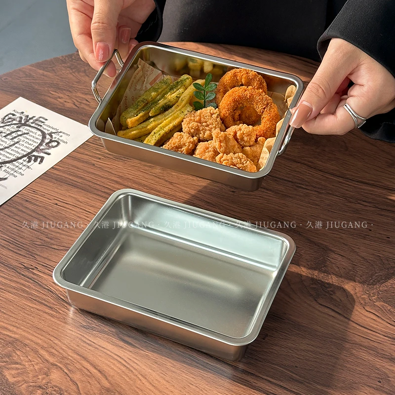 韩式ins风不锈钢盘子带耳方盘小吃盘创意炸鸡盘托盘零食点心盘