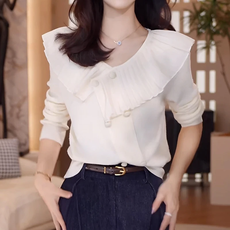 欧货V领荷叶边长袖针织衫女2025春秋季新款法式气质显瘦减龄上衣