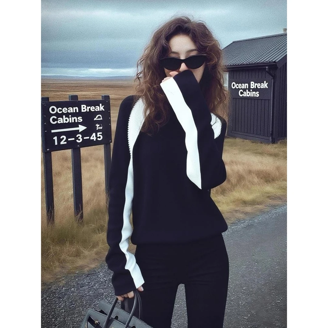 2025冬季高级感超好看设计感小众不撞款软糯慵懒风黑白拼接毛衣女