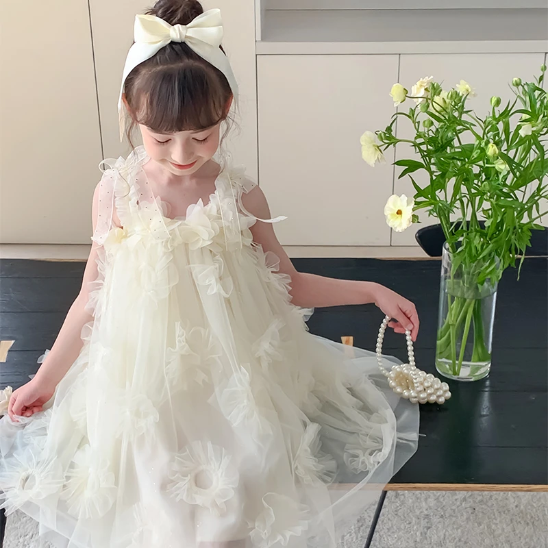 尤画2025夏季“夏日梨花”度假风网纱气质女童裙子法式连衣裙68087