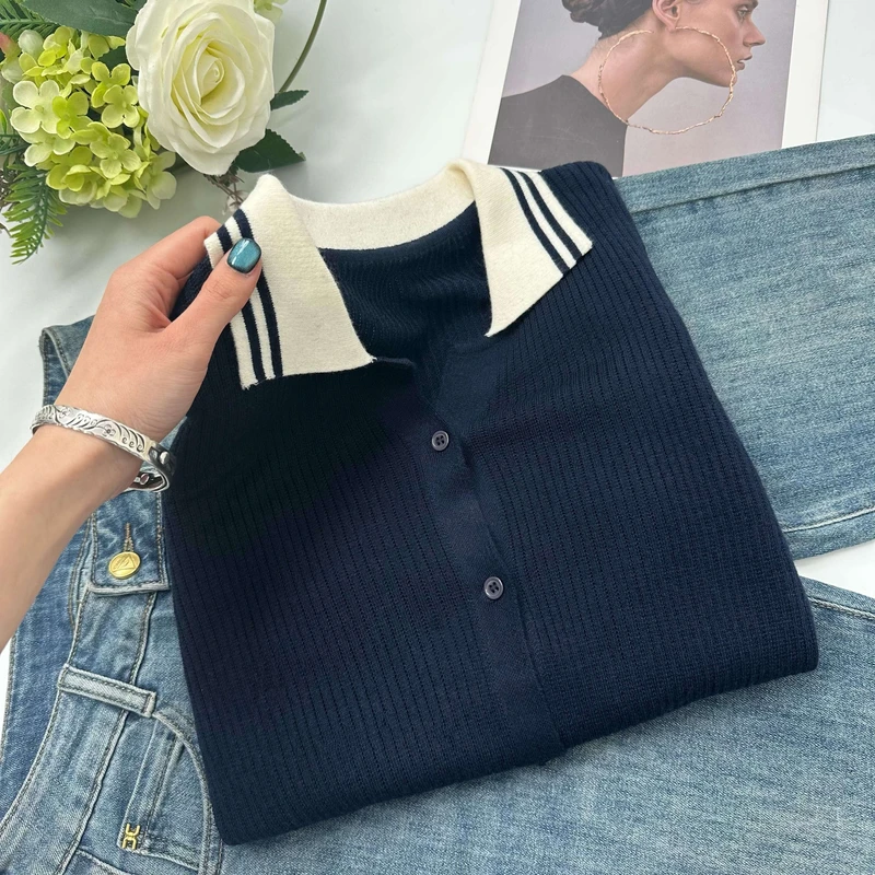 港风气质~春款温柔撞色针织开衫Y6281深蓝