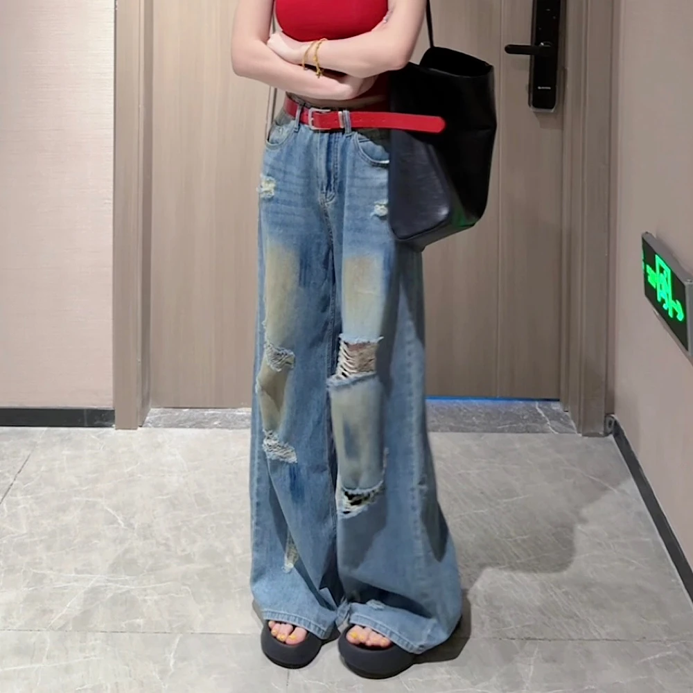 【CCDZ】夏季新品时尚百搭韩系高腰显瘦水洗破洞牛仔阔腿裤女