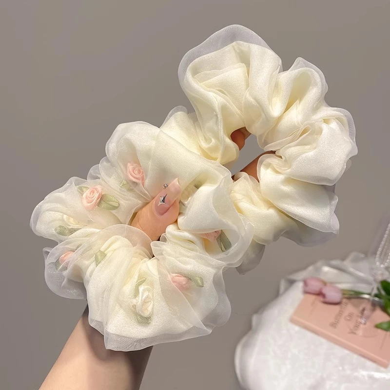 玫瑰花网纱大肠发圈女法式扎头发绳气质橡皮筋高弹力耐用头饰皮套