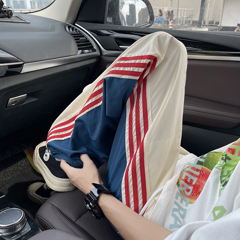 红色条纹裤子夏季薄款青少年冰丝三条杠速干裤男款美式运动休闲裤