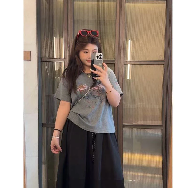 2025夏季新款夏装胖mm大码字母印花褶皱短袖T恤修身百搭显瘦上衣