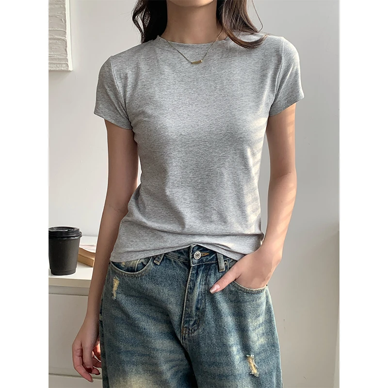小个子短袖t恤女夏季韩版纯色内搭半袖修身圆领百搭打底正肩上衣