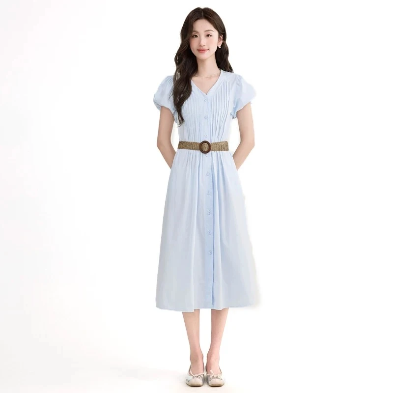 短袖显瘦气质白色夏季法式收腰泡泡袖2561#