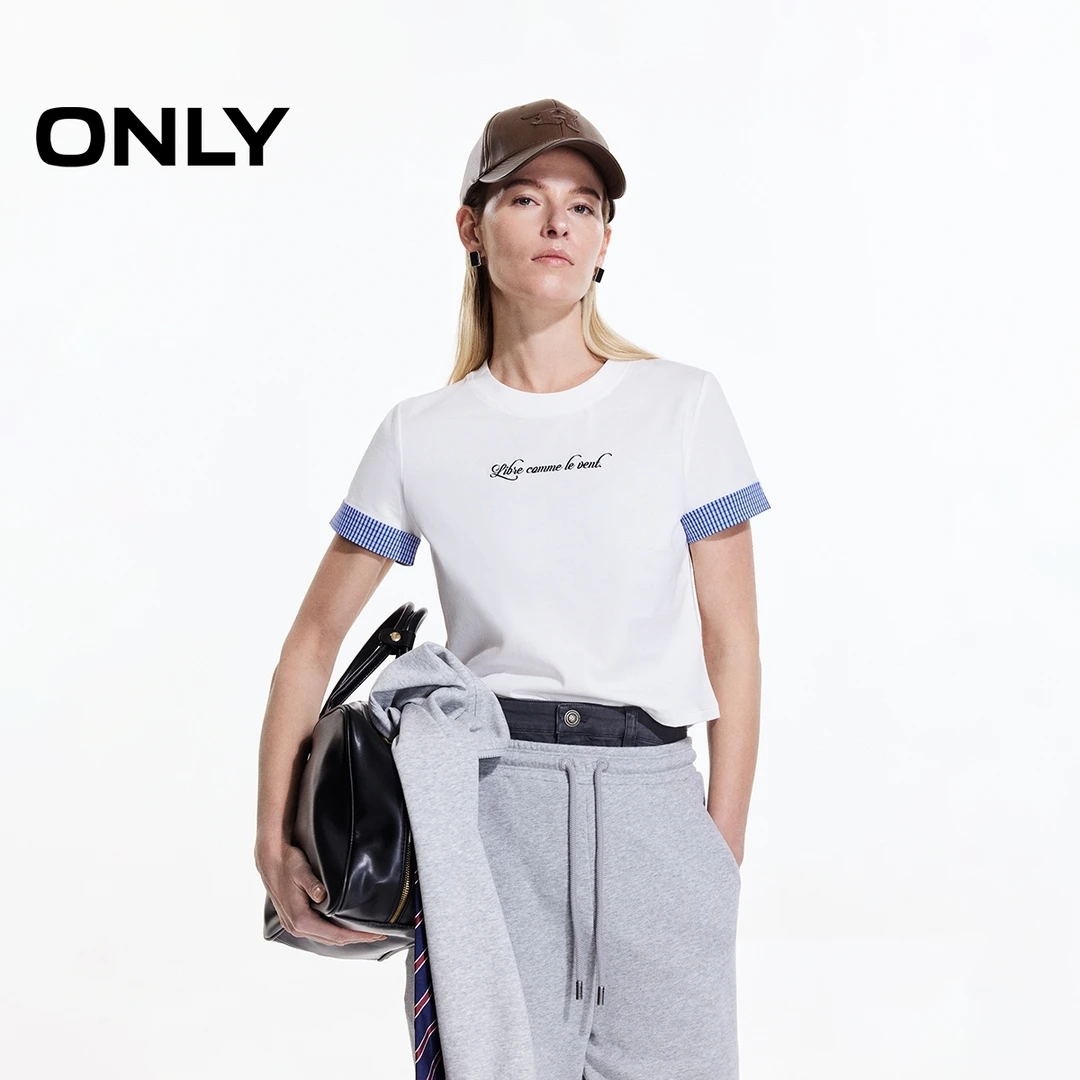 ONLY2025春季新款学院风字母拼接撞色圆领短款T恤女|125101154