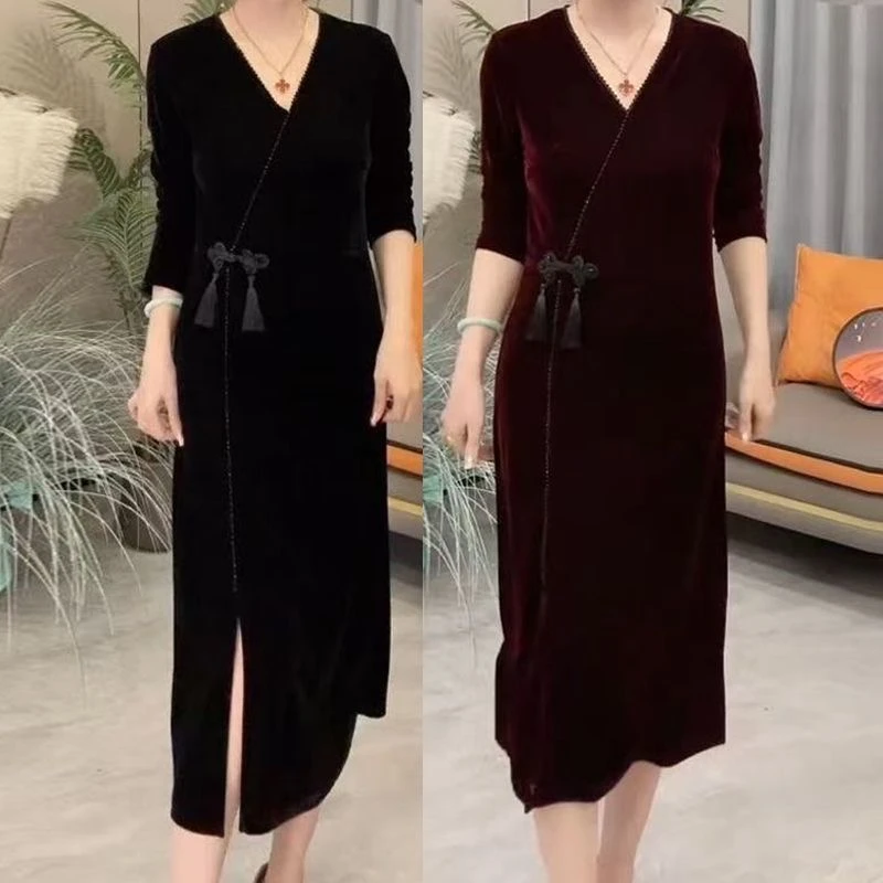 1788#新款高定水晶绒手工钉珠侧开衩显瘦长袖连衣裙