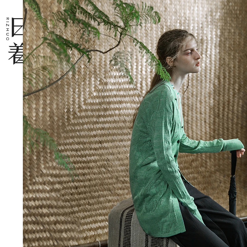 日着原创女装2025春季新款镂空冰麻设计感中长款针织开衫RD2184M0