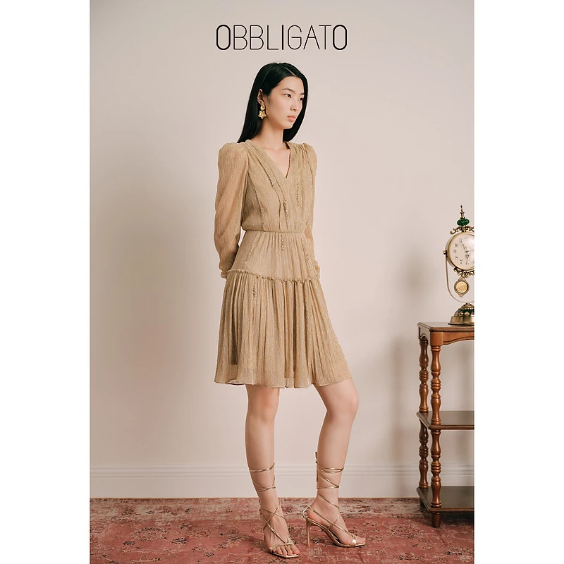 奥丽嘉朵1C33305340新款2023早秋珠钻银葱肌理感薄纱连衣裙