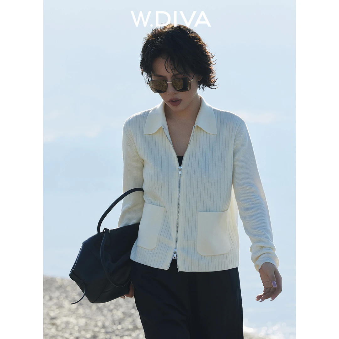 【云涧白】超细羊毛双口袋翻领宽抽条拉链开衫慵懒53Z102618