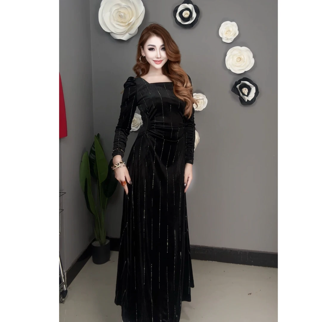 9866【古丽店铺包邮】方领时尚丝绒烫钻女装连衣裙