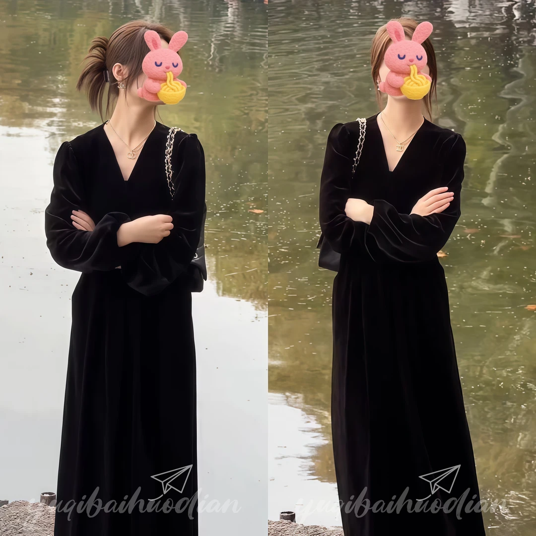 连衣裙早秋季新款法式v领宽松遮肉显瘦洋气长裙子