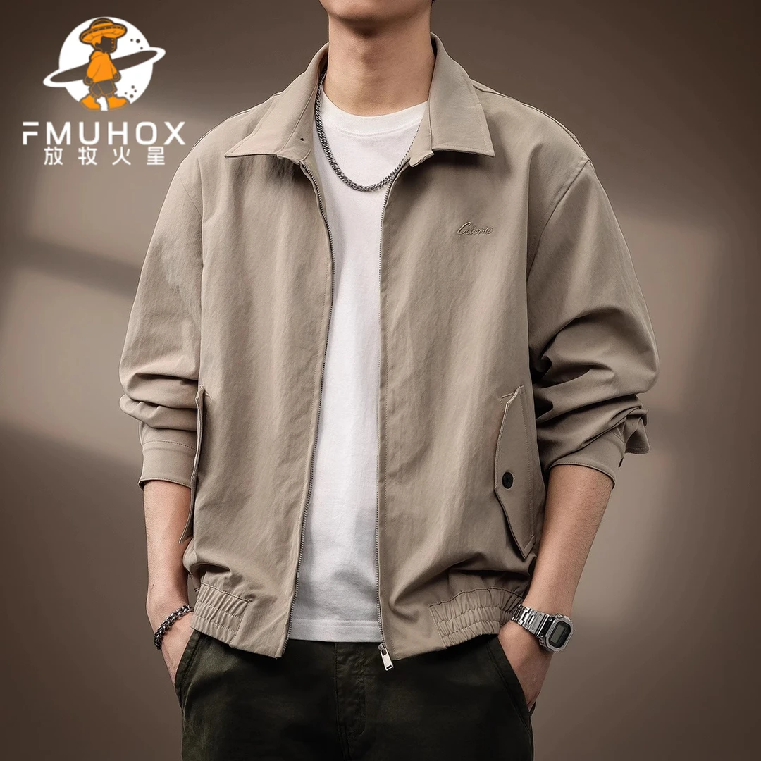 @放牧火星 高端复古哈灵顿莱赛尔工装外套男春秋新款潮牌翻领夹克
