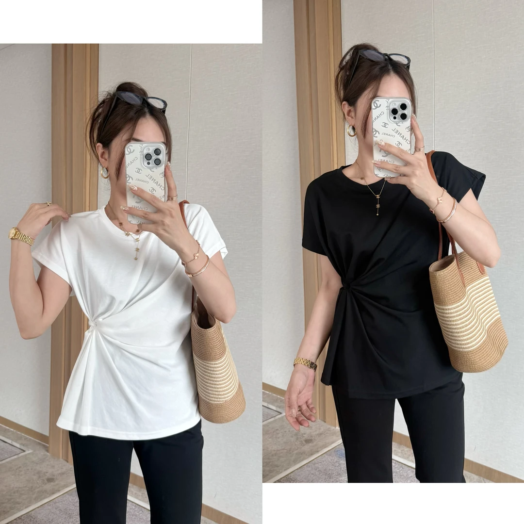 不规则休闲风圆领短款INS风透气T恤修身型设计感短袖