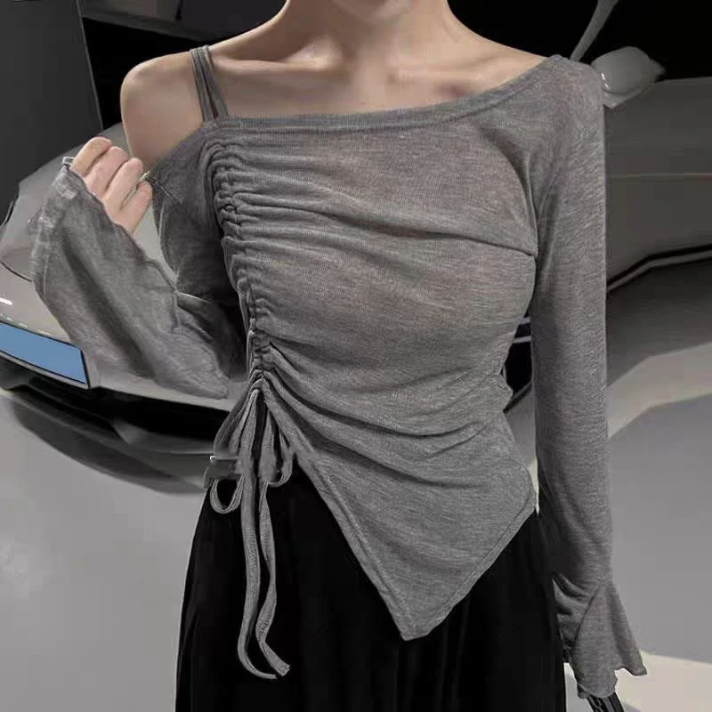 （收）春季新款大码1181-3纯欲风漏肩不规则设计感修身抽绳显瘦上衣