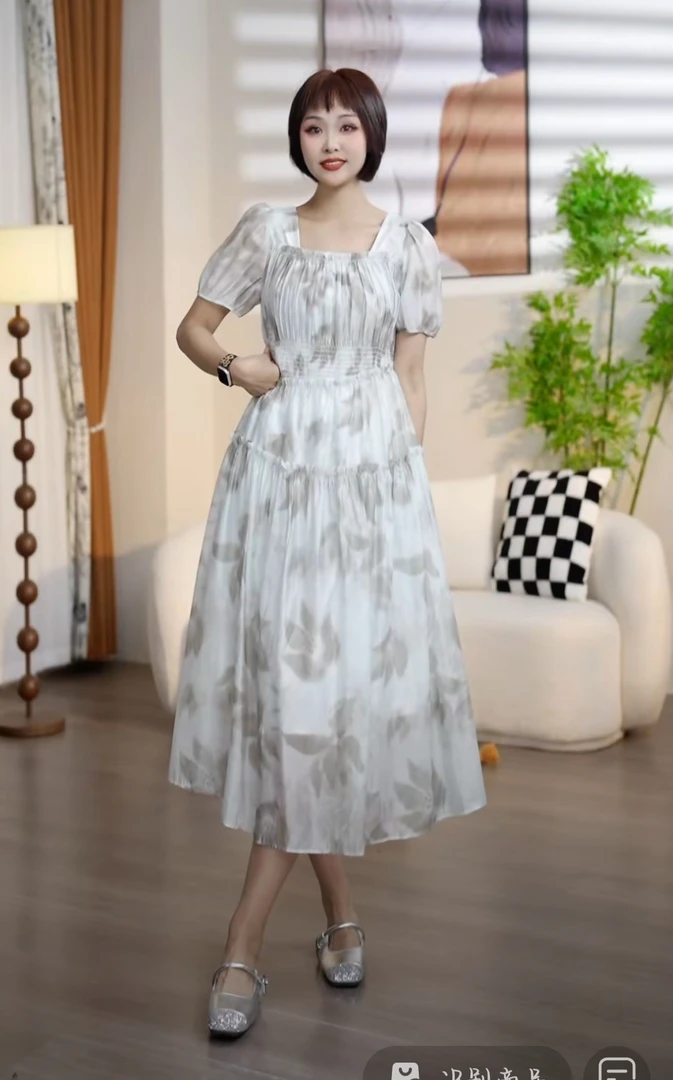 L030夏季新款时尚气质花边方领短袖束腰显瘦连衣裙DM8