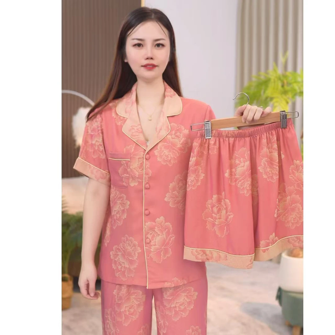 2025新款夏季轻奢高端国风宽松舒适短袖三件套女性睡衣套装BXT