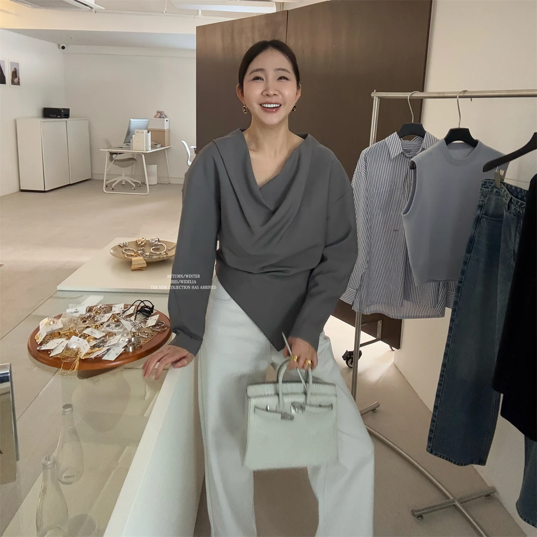 widelia春季7107韩版不规则堆褶衬衫显瘦宽松小众长袖纯色上衣