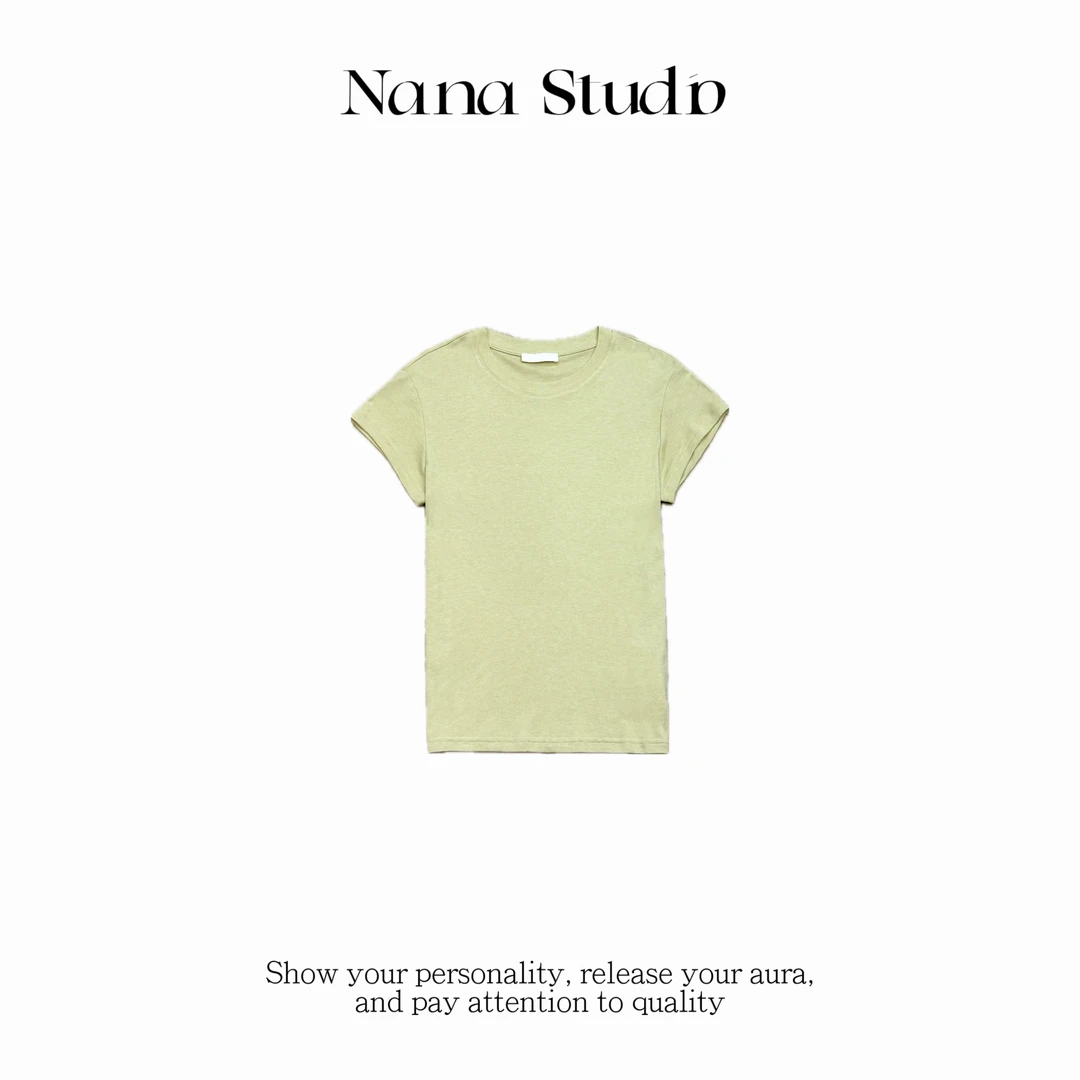 NaNa-原创设计 法式夏季高弹亲肤通勤正肩纯色短袖T恤#NN2059
