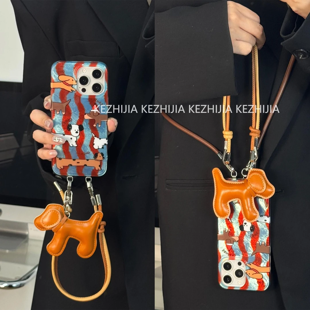 【壳之】高级斑点腊肠狗蓝红波浪纹适用苹果16/15/14/13/12手机壳女