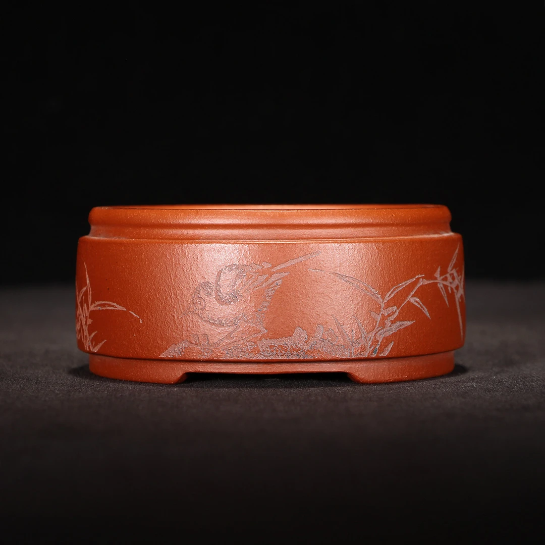 紫砂花盆桌面绿植盆栽菖蒲多肉盆景微型小巧刻绘红泥迷你掌上圆盆