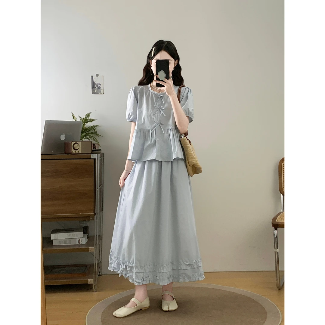 实拍~大码韩系甜美蝴蝶结短袖宽松衬衫+半身裙时尚套装小众韩版
