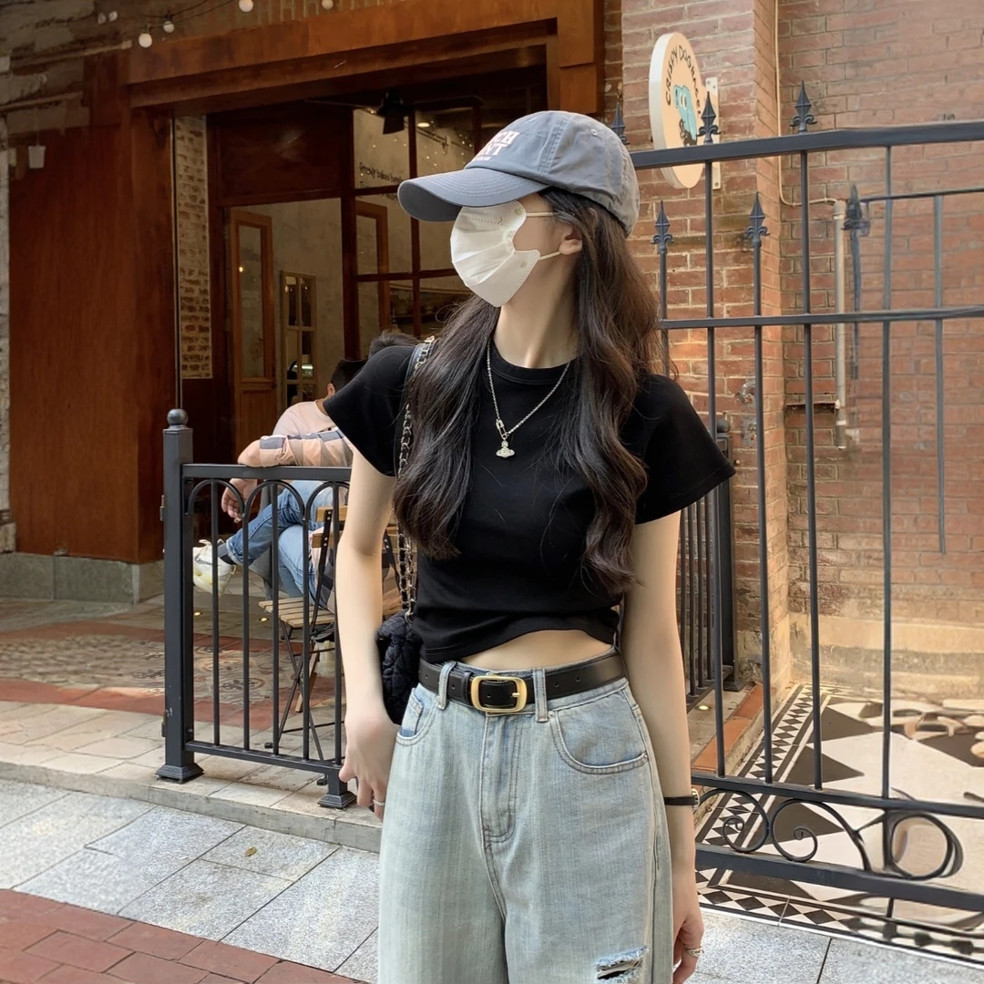黑色显瘦修身短袖正肩t恤女夏季新款设计感小众辣妹体恤短款上衣