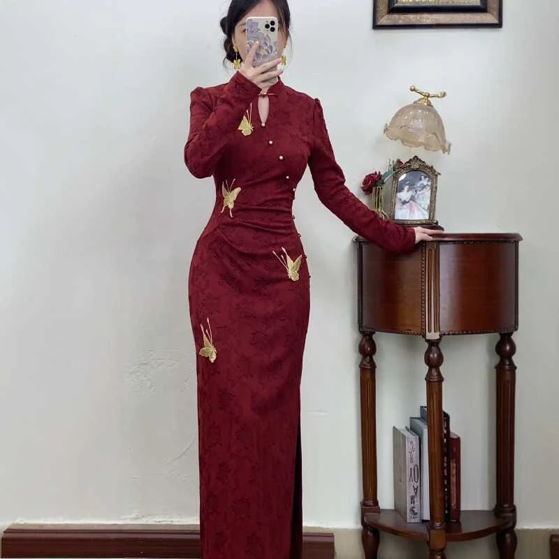 【化蝶-红色】加厚新中式婚宴气质礼服复古旗袍ins秋冬款长款暗纹