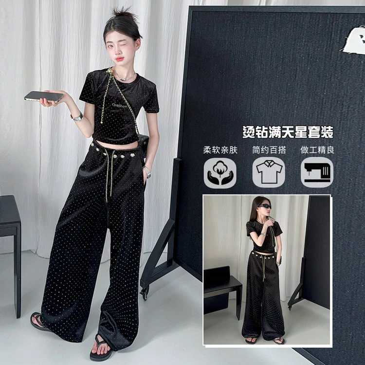 女童2025夏季新款洋气中大童烫钻短袖韩版时尚休闲阔腿裤套装潮
