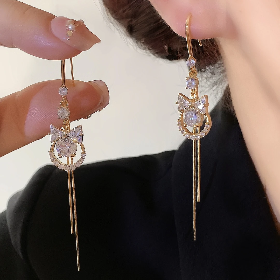 铜合金合成锆石耳饰 时尚减龄超闪亮蝴蝶结流苏长款挂钩耳坠1571