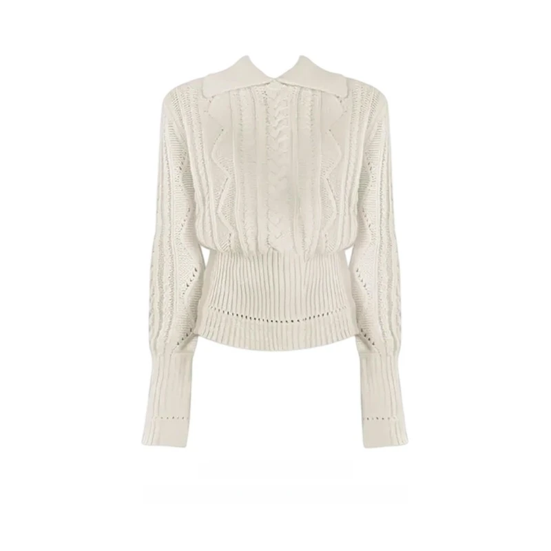 固质白色翻领麻花毛衣女秋冬季2025新款设计感内搭打底针织衫上衣