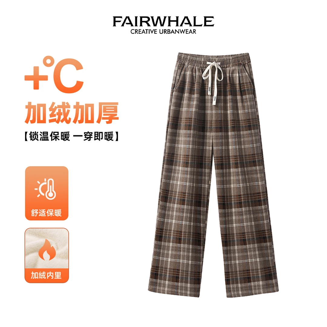 【奈斯专享】马克华菲女装慵懒格子加绒休闲裤运动阔腿裤F44037A007