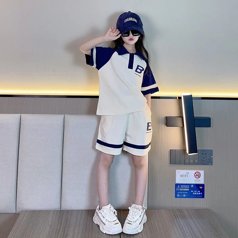 新款polo衫2025大童洋气女孩夏季夏装短裤女童时髦短袖套装两件套