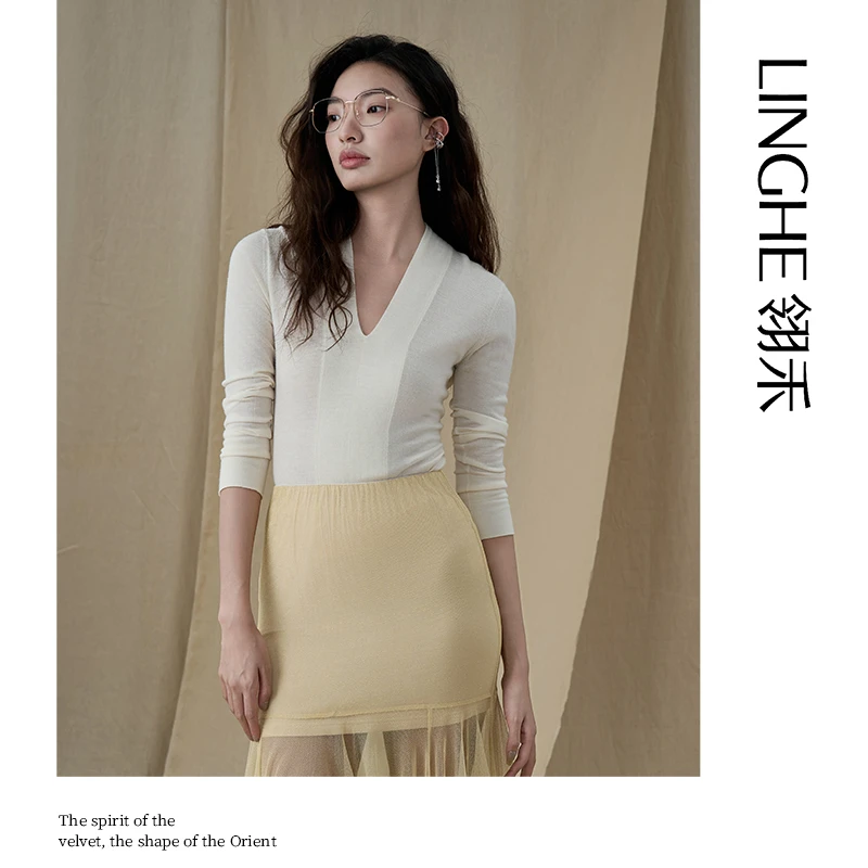 翎禾LINGHE-V领针织衫中袖时尚绵羊毛百搭修身气质长袖套头衫