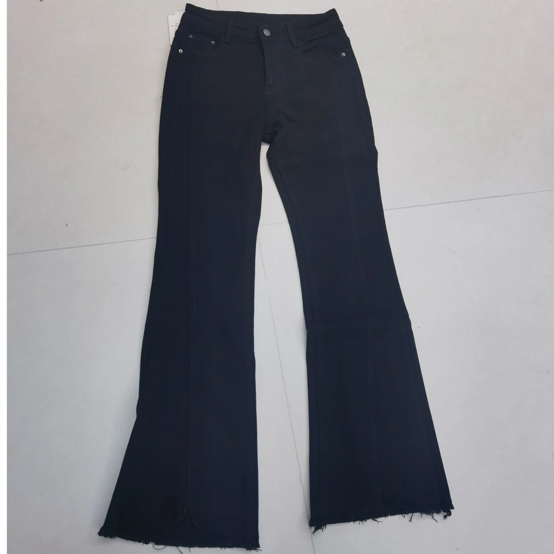 【摩姐姐欧韩】25691黑色植绒毛边裤脚牛仔喇叭裤(微弹）