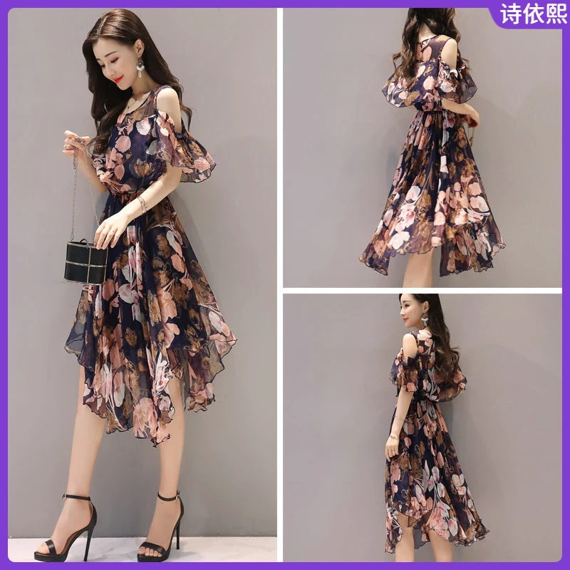 1女装2025新款夏装修身收腰不规则连衣裙显瘦露肩碎花流行裙子I
