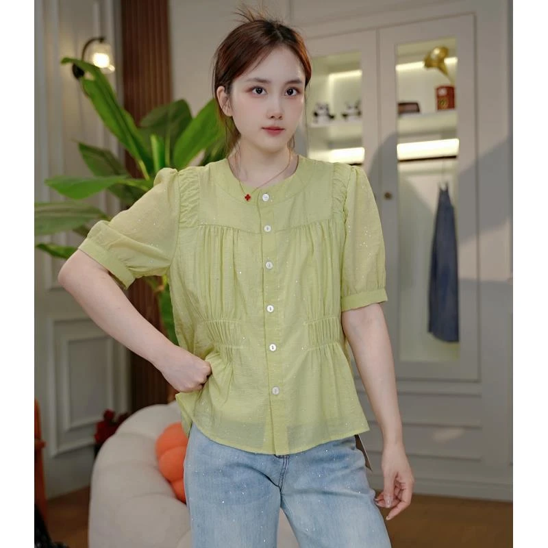 （微微）夏季新款圆领纯色细闪小衫显瘦休闲小上衣2939