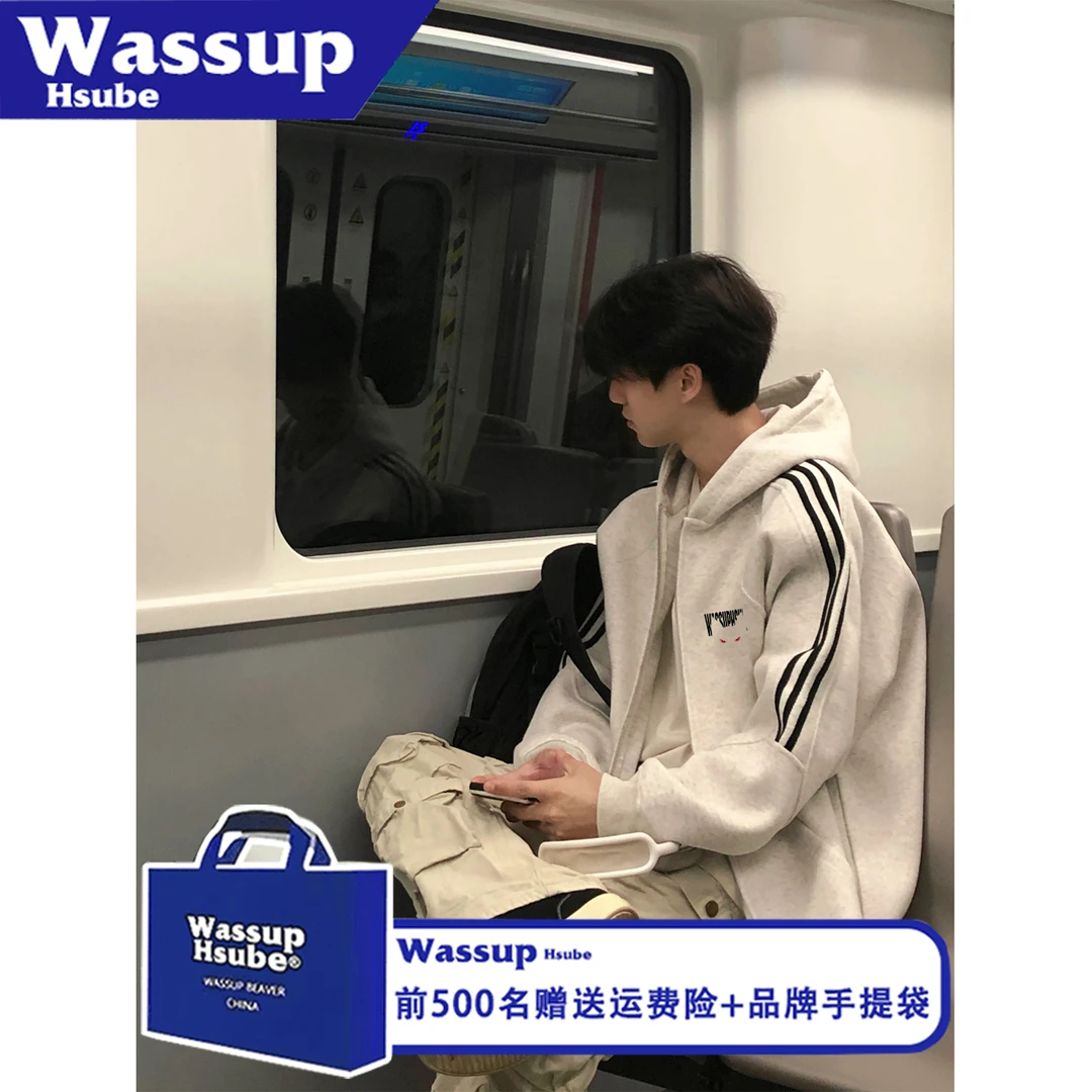 WASSUP HSUBE宽松潮流印花卡通拉链三条杠长袖休闲秋冬情侣上衣