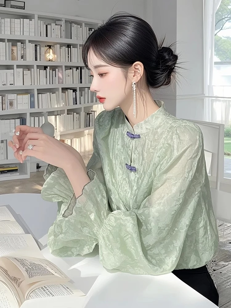 绿色新中式衬衫女2025夏季新款超好看独特漂亮设计感小众上衣