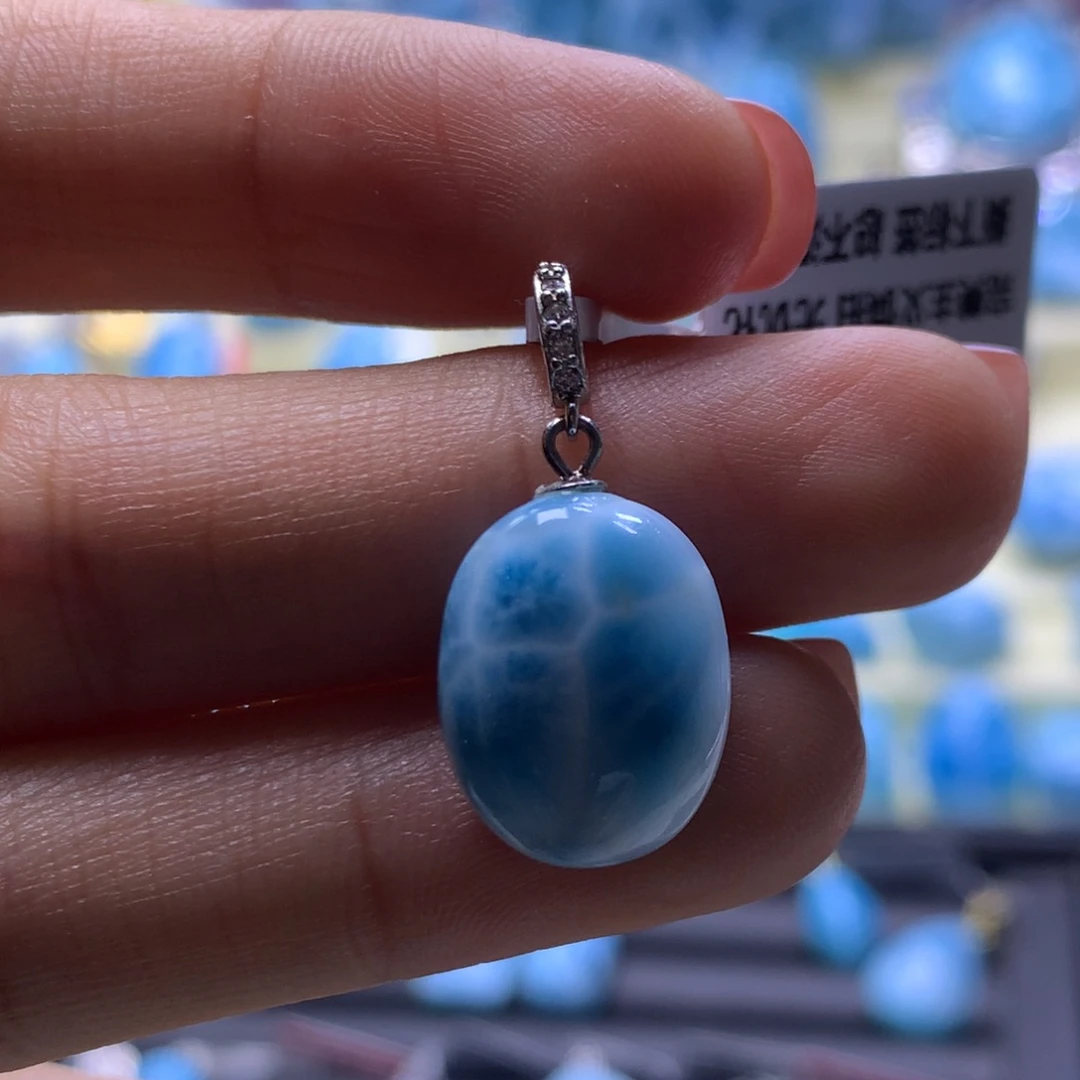 针钠钙石（海纹石）银S925镶嵌吊坠(不含链)蛋面吊坠色差略异