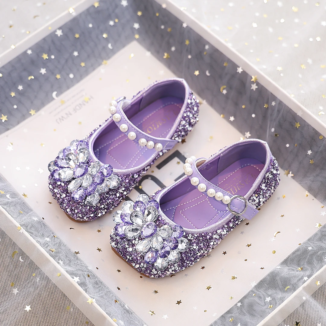 女童水晶鞋爱莎公主鞋春秋新款小女孩软底闪亮高跟鞋软底演出单鞋